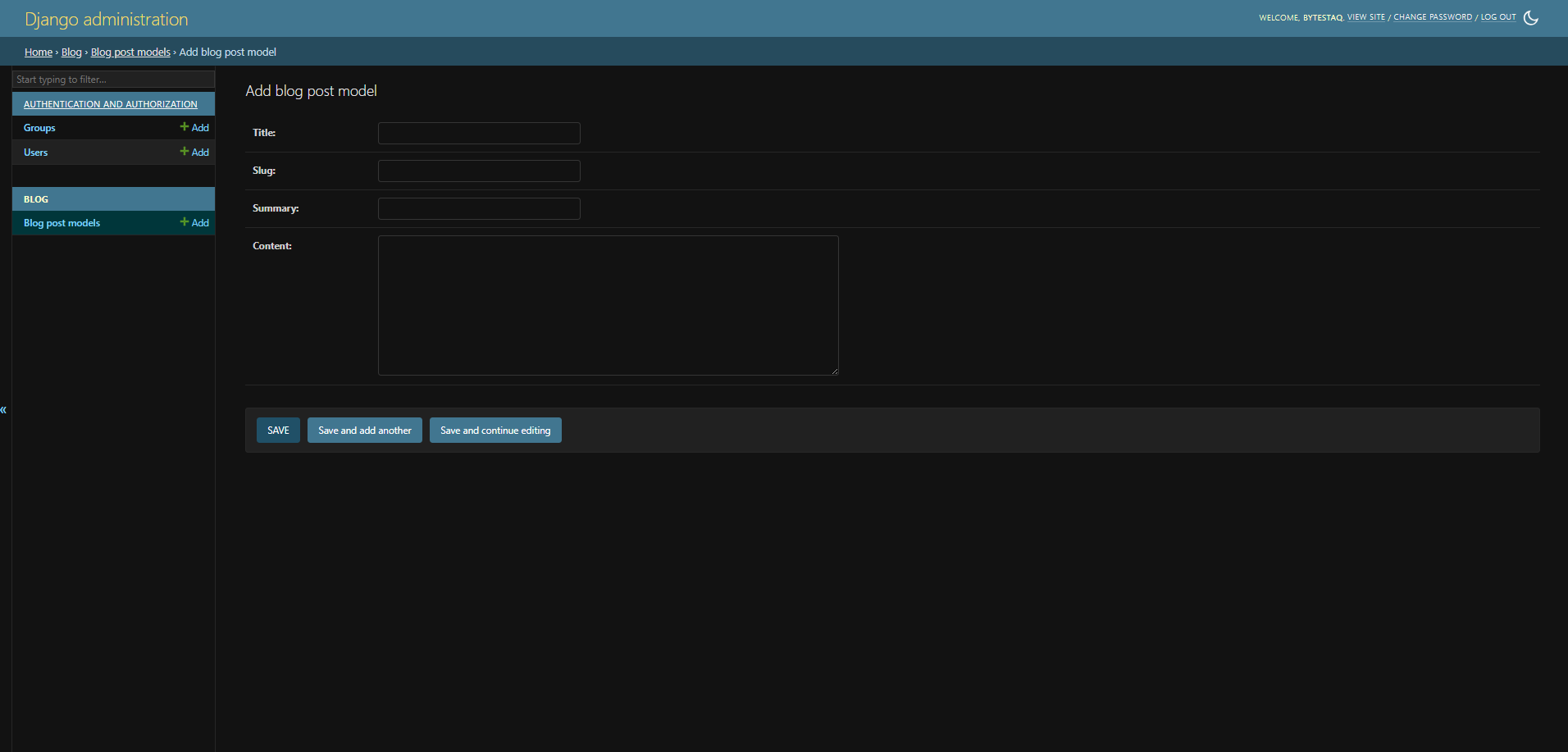 Django's admin panel blog post entry