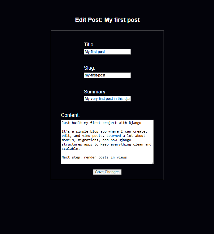 Edit post form in backend app
