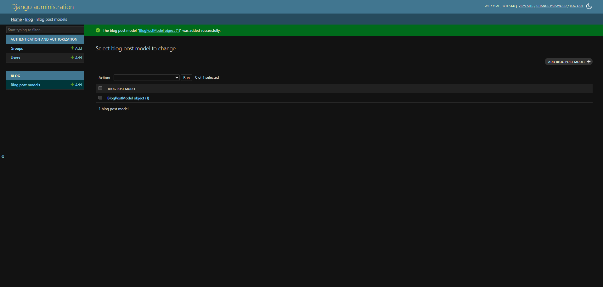 Django's admin panel, first blog post entry in list view