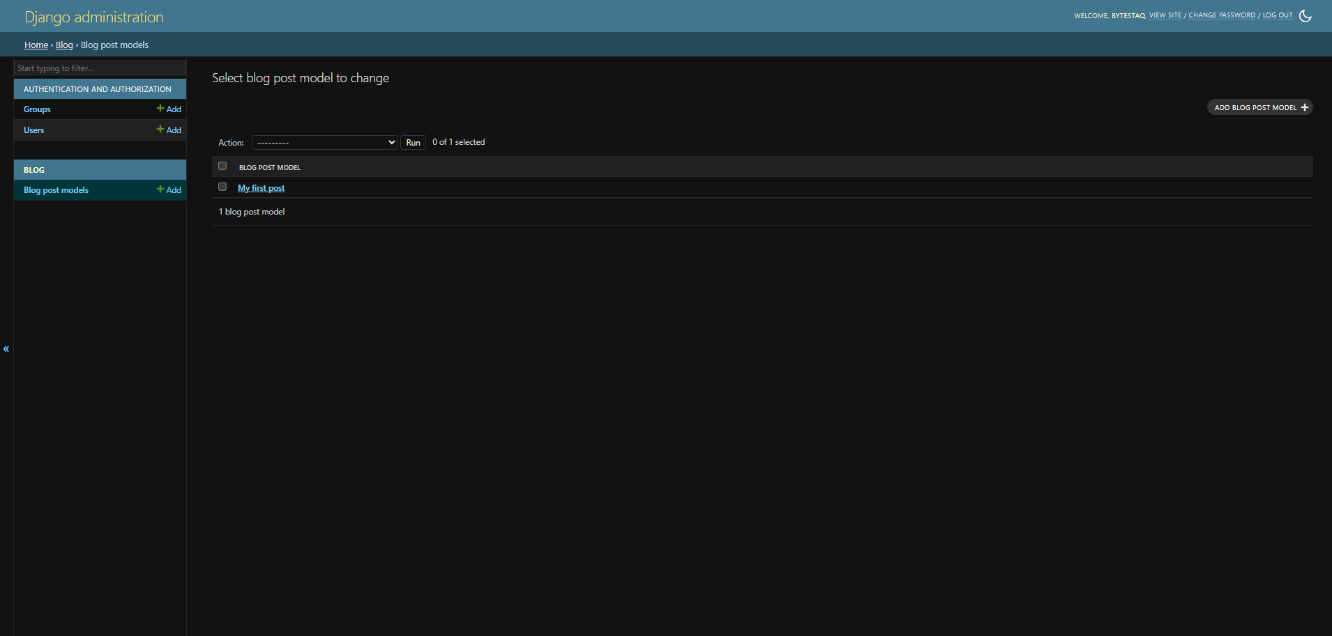 Django's admin panel, first blog post entry in list view with the post's title