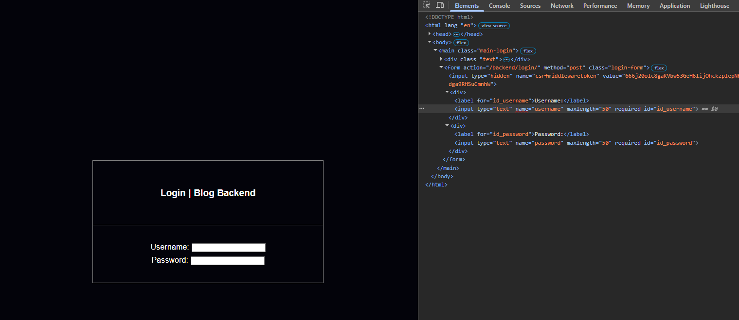 Login view rendered from Django forms with dev tools open