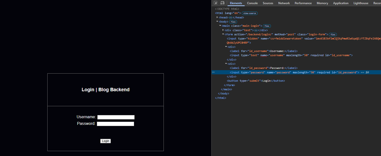Login view rendered from Django forms and correct input types set with dev tools open