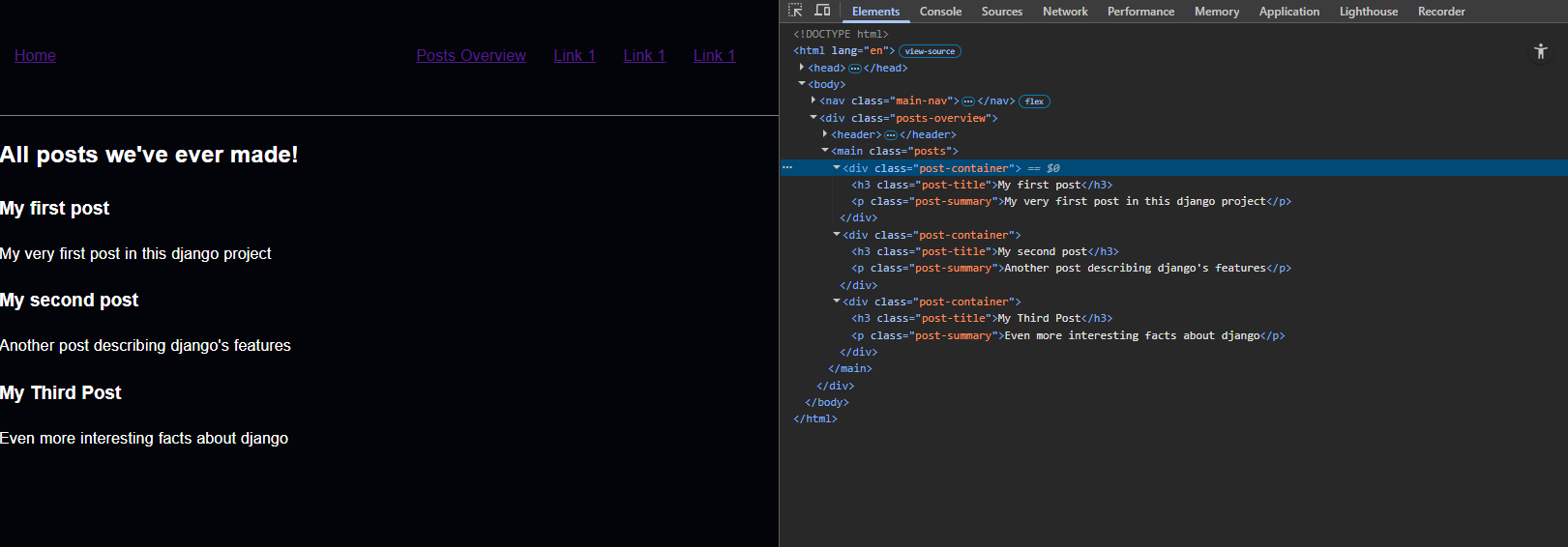 Third of the posts_overview view showing the looped result with title and summary, rendered and as HTML in dev tools