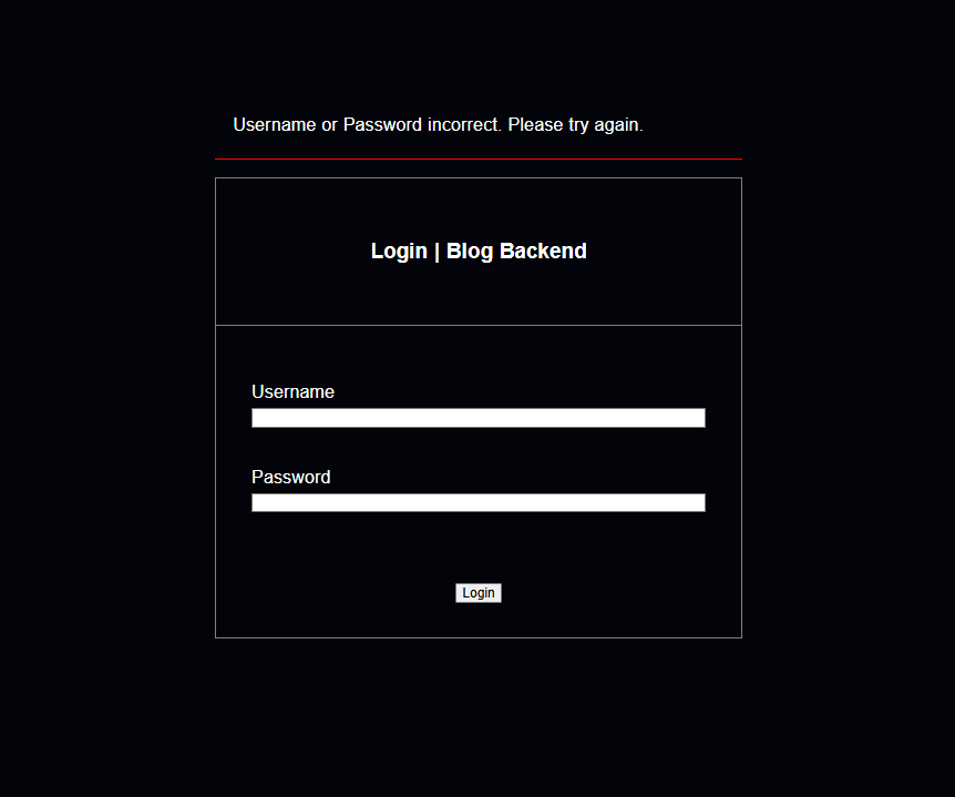 Backend login view with error message